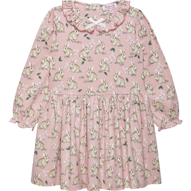 Bunny Print Willow Collar Long Sleeve Jersey Dress, Rose Pink - Dresses - 1