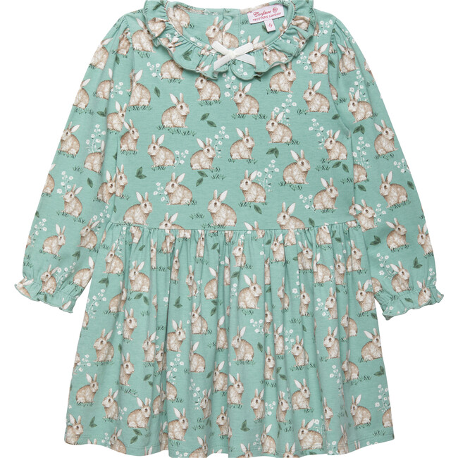 Bunny Print Willow Collar Long Sleeve Jersey Dress, Pale Green