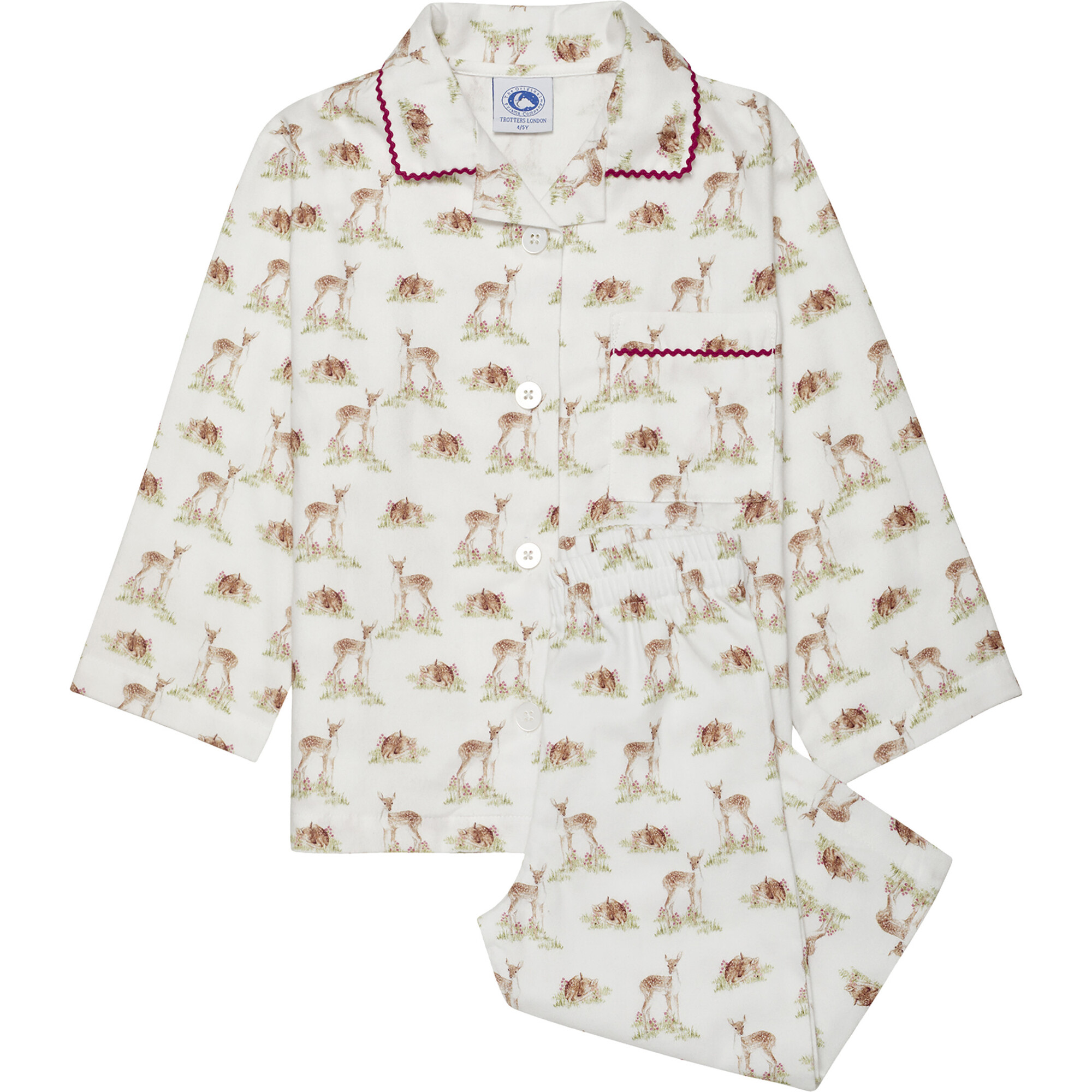 Cosy Fawn Woodland Print Patch Pocket Pajama, White - Pajamas - 1