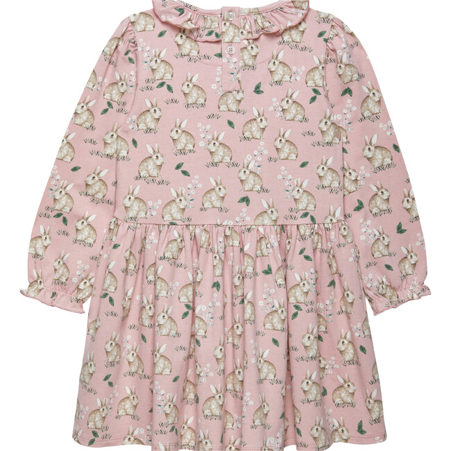 Bunny Print Willow Collar Long Sleeve Jersey Dress, Rose Pink - Dresses - 2