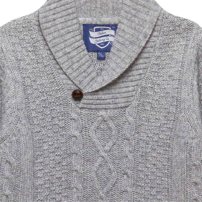 Finn Shawl Collar Cable Knit Button Sweater, Grey Marl - Sweaters - 3