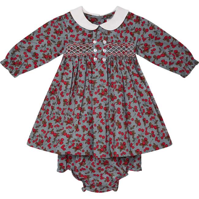 Baby Naida Cherry Print Hand-Smocked Dress, Red & Gray