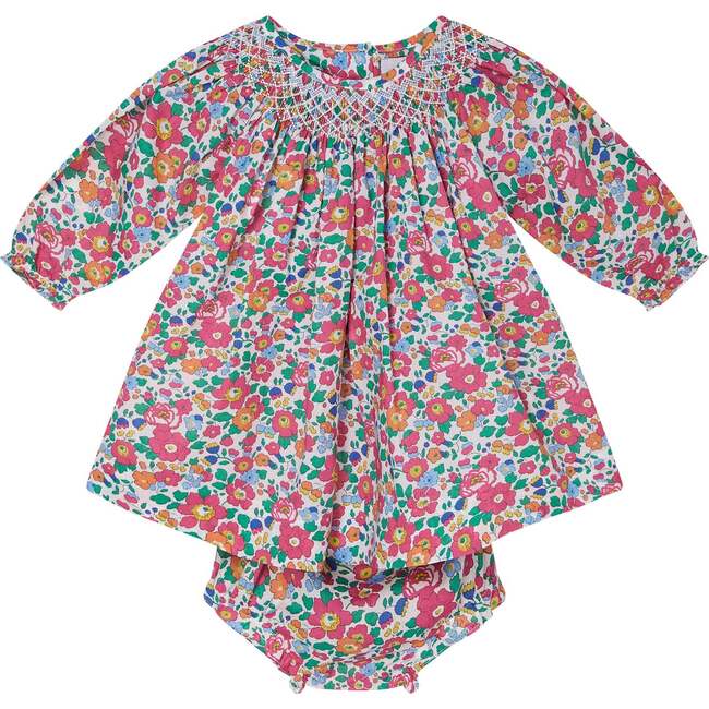 Baby Mara Floral Print Hand-Smocked Dress, White & Pink