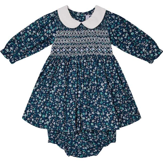 Baby Lara Floral Print Hand-Smocked Dress, Navy & White