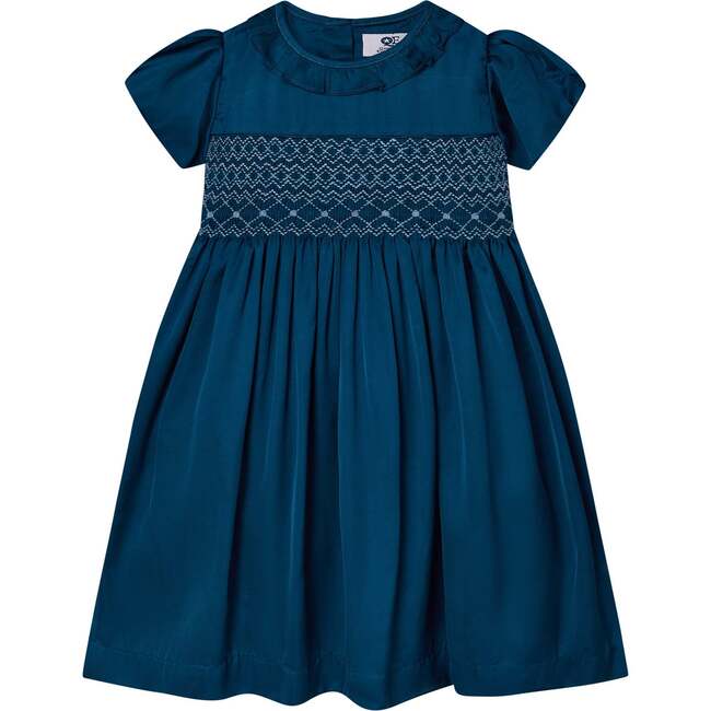 Sapphire Satin Hand-Smocked Party Dress, Blue