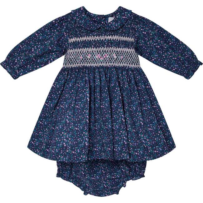 Baby Parisa Floral Print Hand-Smocked Dress, Navy