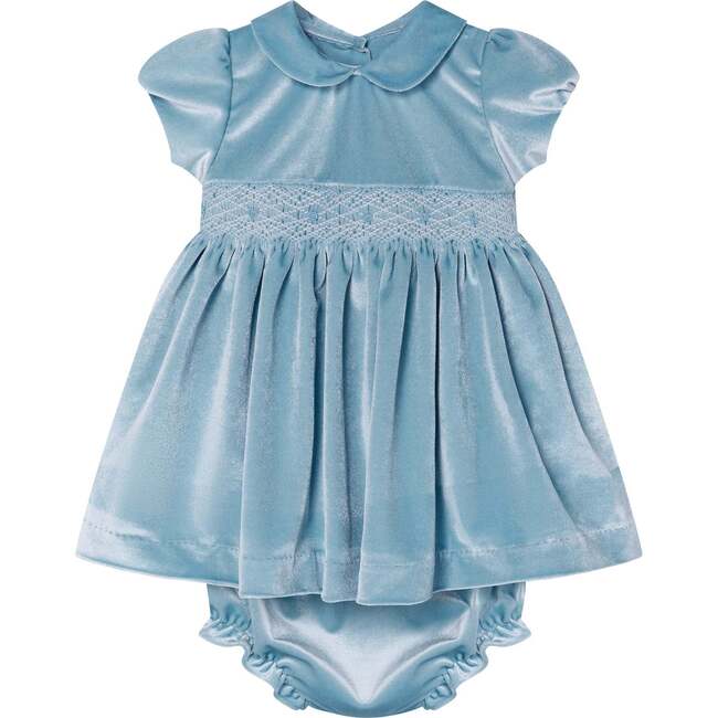 Baby Mina Velvet Hand-Smocked Party Dress, Pale Blue