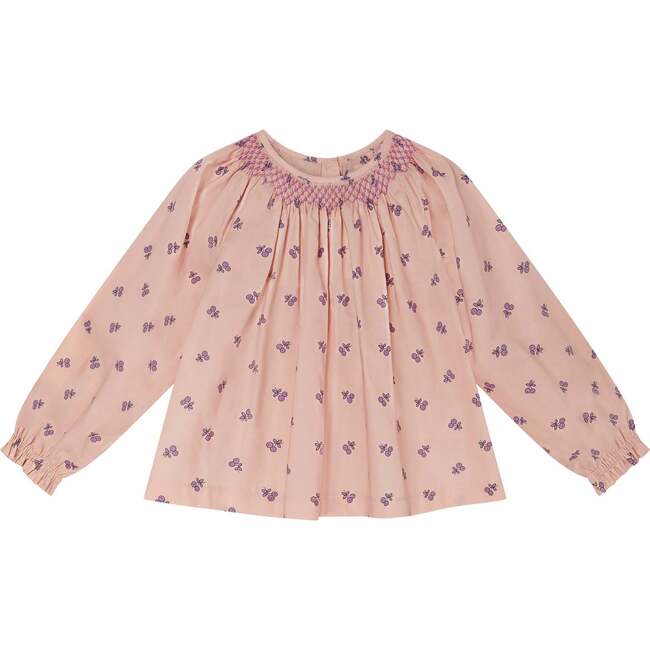 Selene Cherry Print Hand-Smocked Long Sleeve Blouse, Peach - Blouses - 1