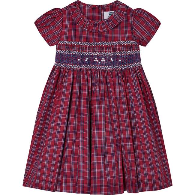 Neva Tartan Print Hand-Smocked Dress, Red