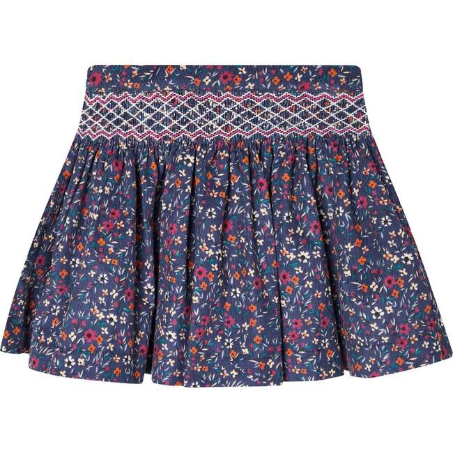 Natassia Floral Print Hand-Smocked Skirt, Navy