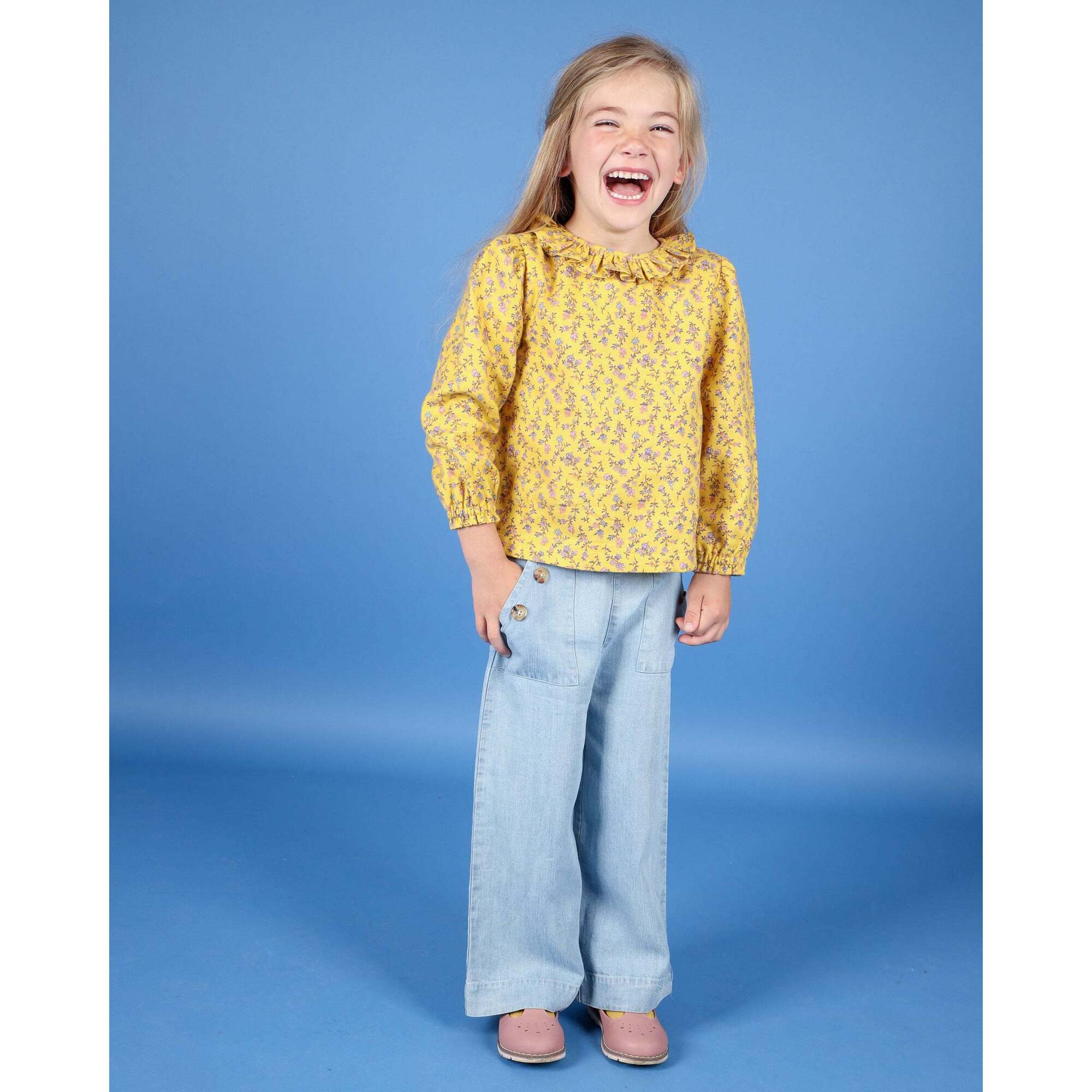 Wilma Floral Print Frill Collar Long Sleeve Blouse, Yellow - Blouses - 1