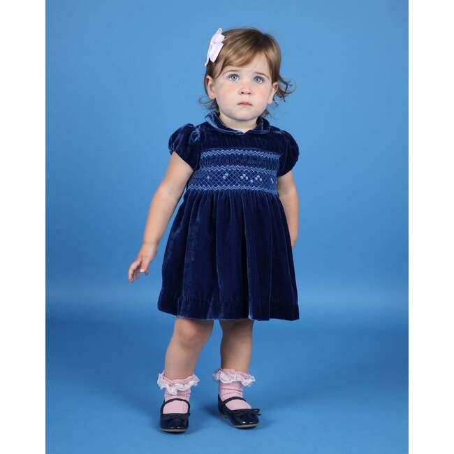 Baby Opal Velvet Hand-Smocked Party Dress, Blue - Dresses - 2