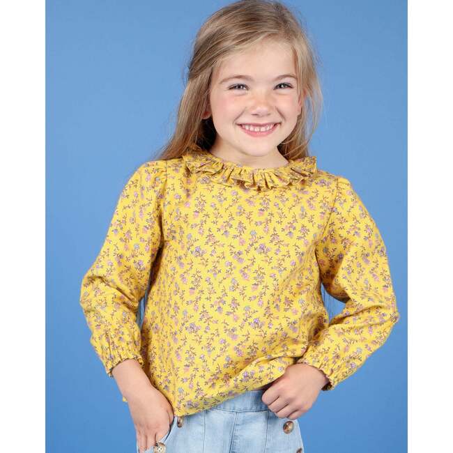 Wilma Floral Print Frill Collar Long Sleeve Blouse, Yellow - Blouses - 2