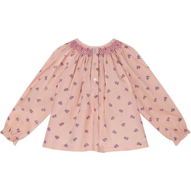 Baby Robin Cherry Print Hand-Smocked Long Sleeve Blouse, Peach - Blouses - 4