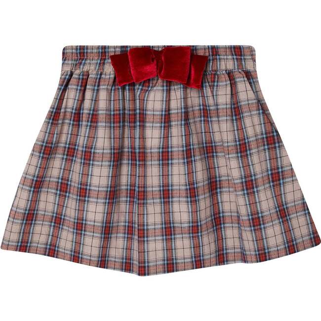 Myra Tartan Velvet Bow Skirt, Beige & Red