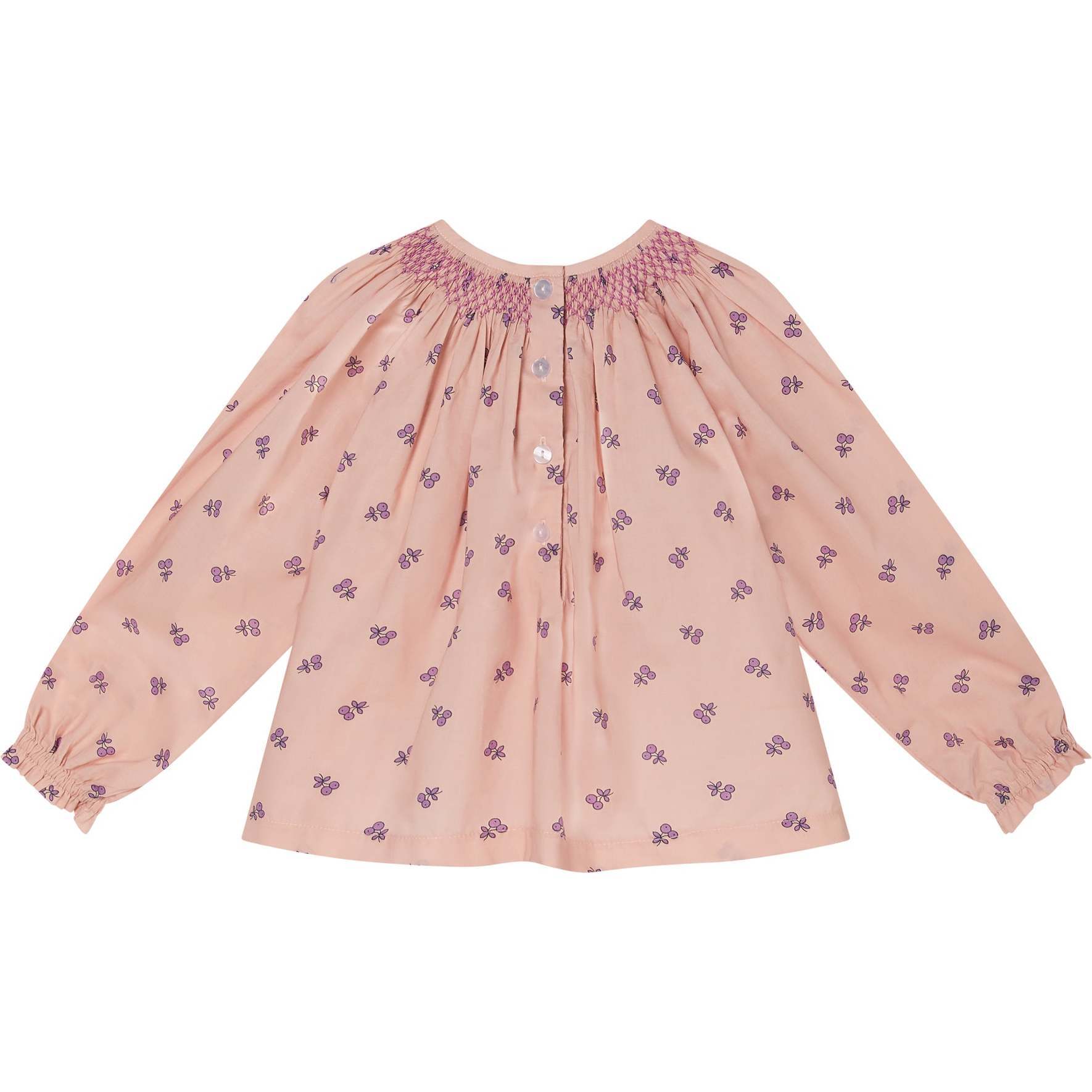 Selene Cherry Print Hand-Smocked Long Sleeve Blouse, Peach