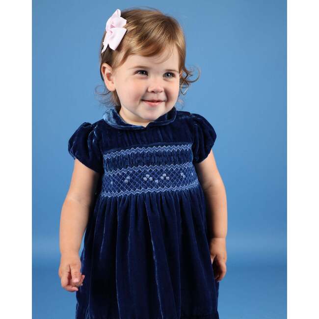 Baby Opal Velvet Hand-Smocked Party Dress, Blue - Dresses - 5