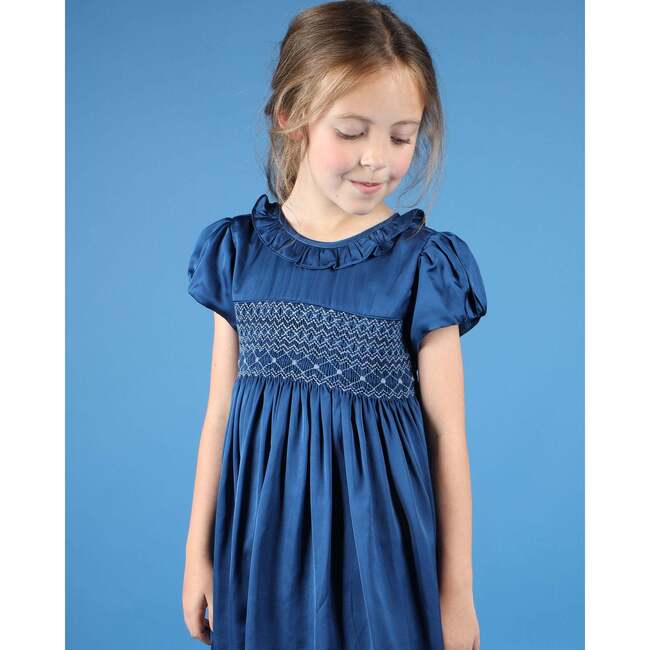 Sapphire Satin Hand-Smocked Party Dress, Blue - Dresses - 6