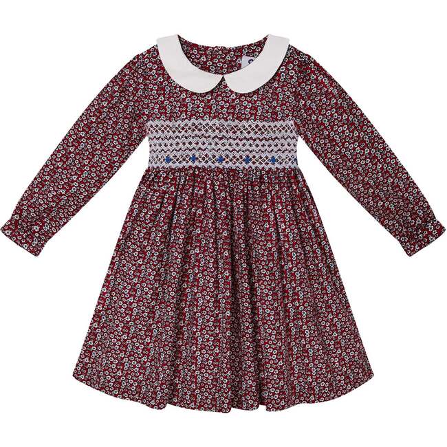 Ilana Long Sleeve Hand-Smocked Dress, Red