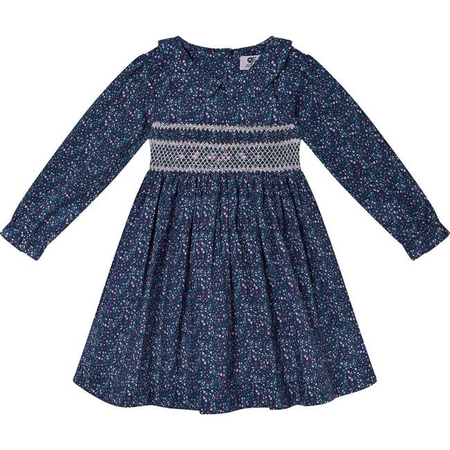 Heather Floral Print Hand-Smocked Dress, Navy