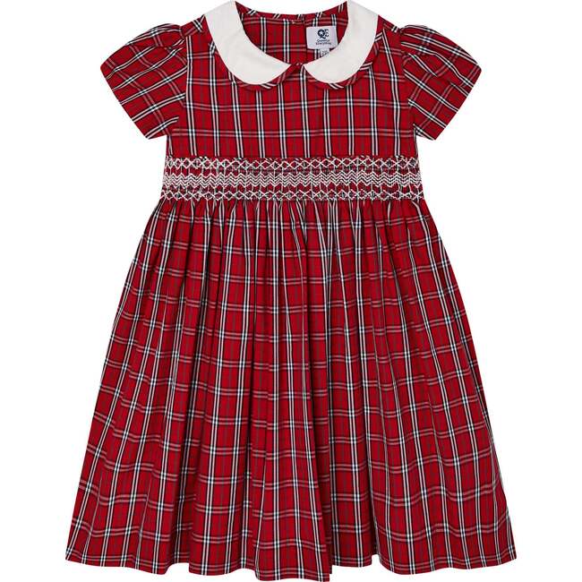 Hollis Tartan Petar Pan Collar Hand-Smocked Dress, Red