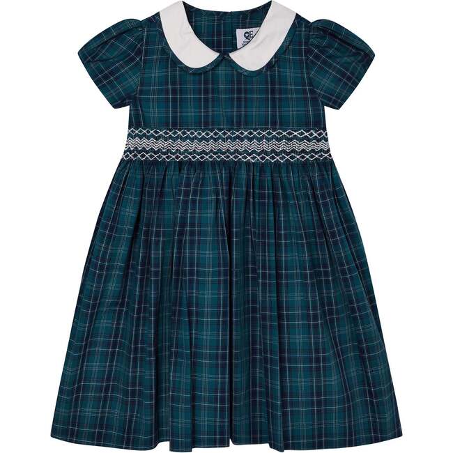 Ginny Tartan Peter Pan Collar Hand-Smocked Dress, Navy