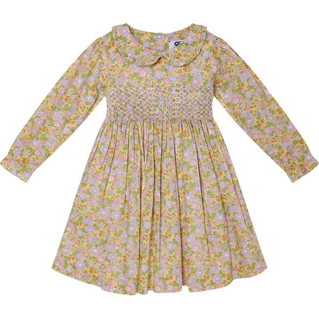 Cordelia Floral Print Hand-Smocked Dress, Yellow