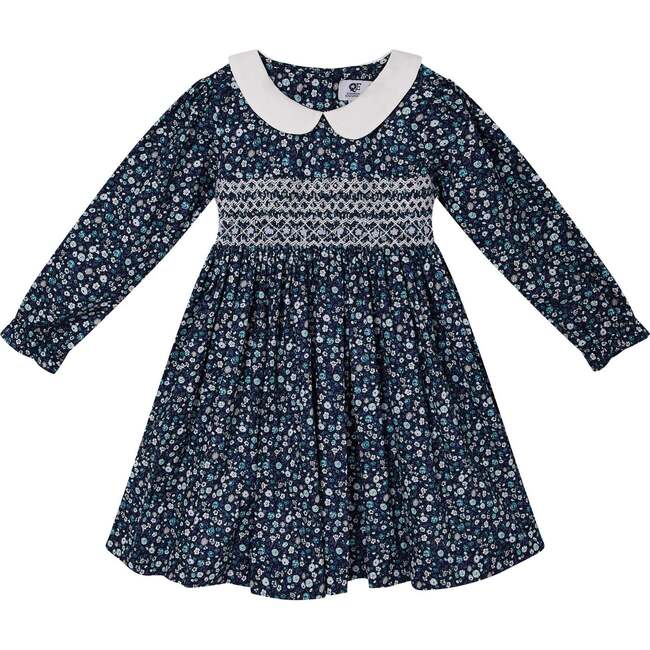 Fauna Floral Print Hand-Smocked Dress, Navy & White