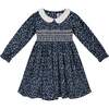 Fauna Floral Print Hand-Smocked Dress, Navy & White - Dresses - 1 - thumbnail