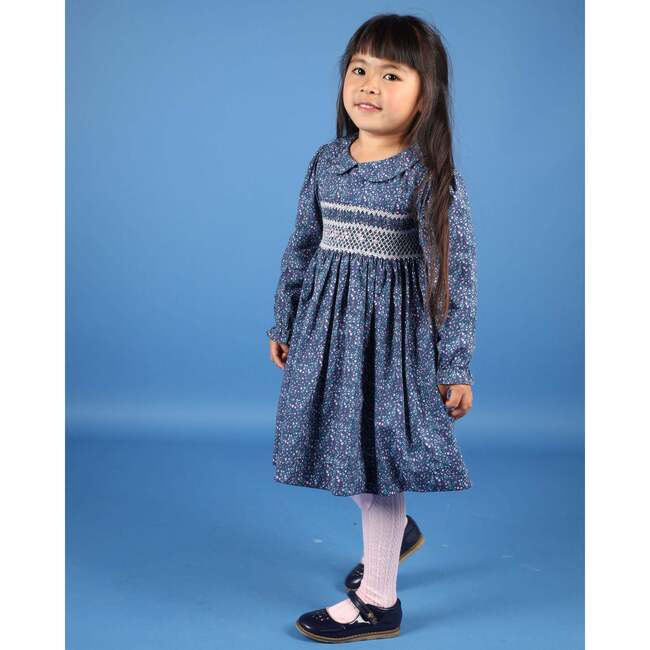 Heather Floral Print Hand-Smocked Dress, Navy - Dresses - 2