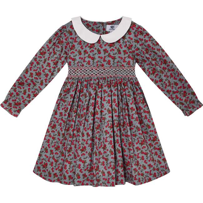 Davina Cherry Print Hand-Smocked Dress, Red & Gray