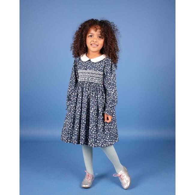 Fauna Floral Print Hand-Smocked Dress, Navy & White - Dresses - 2