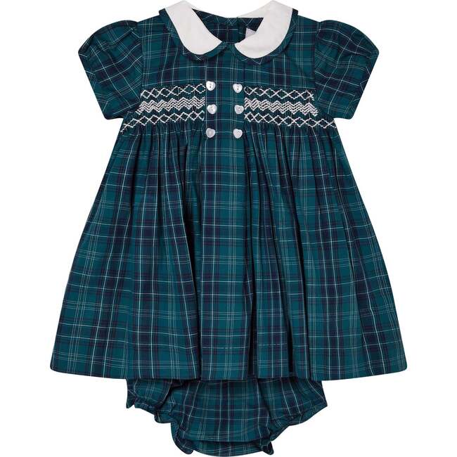 Baby Hermione Tartan Collar Hand-Smocked Dress, Navy & White