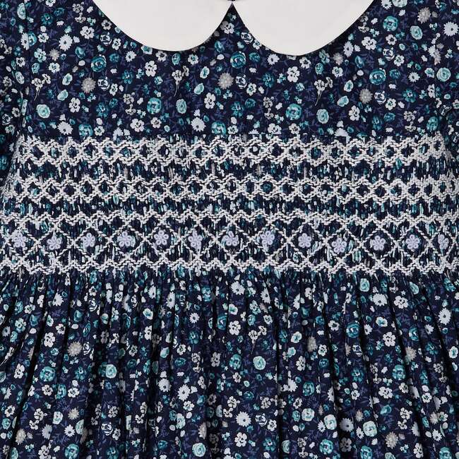 Fauna Floral Print Hand-Smocked Dress, Navy & White - Dresses - 3