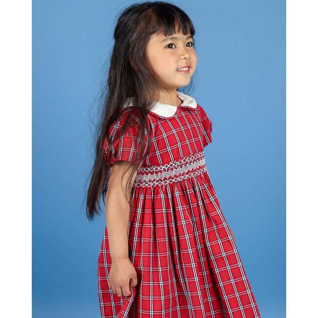 Hollis Tartan Petar Pan Collar Hand-Smocked Dress, Red - Dresses - 5