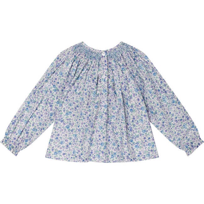 Deema Floral Print Hand-Smocked Long Sleeve Blouse, White & Blue - Blouses - 4