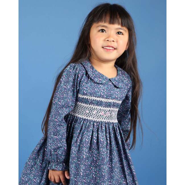 Heather Floral Print Hand-Smocked Dress, Navy - Dresses - 5