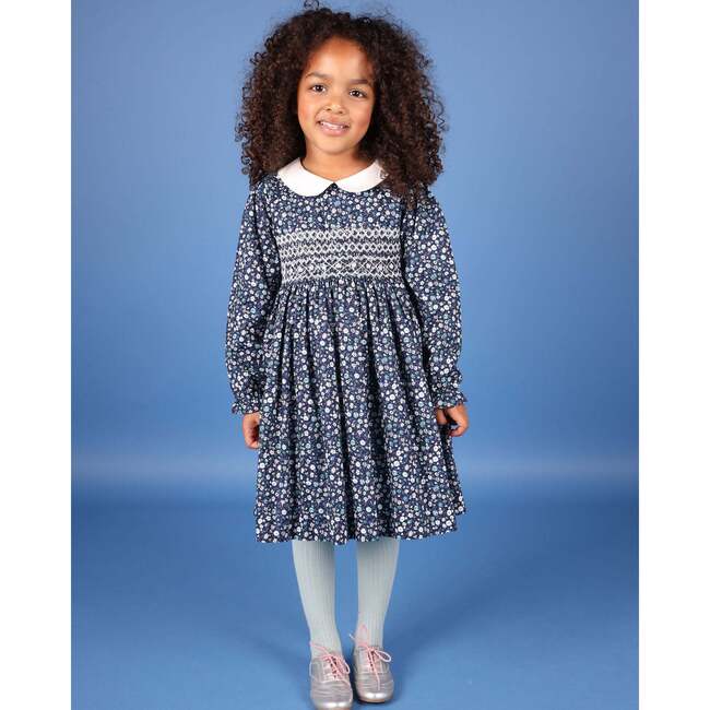 Fauna Floral Print Hand-Smocked Dress, Navy & White - Dresses - 5