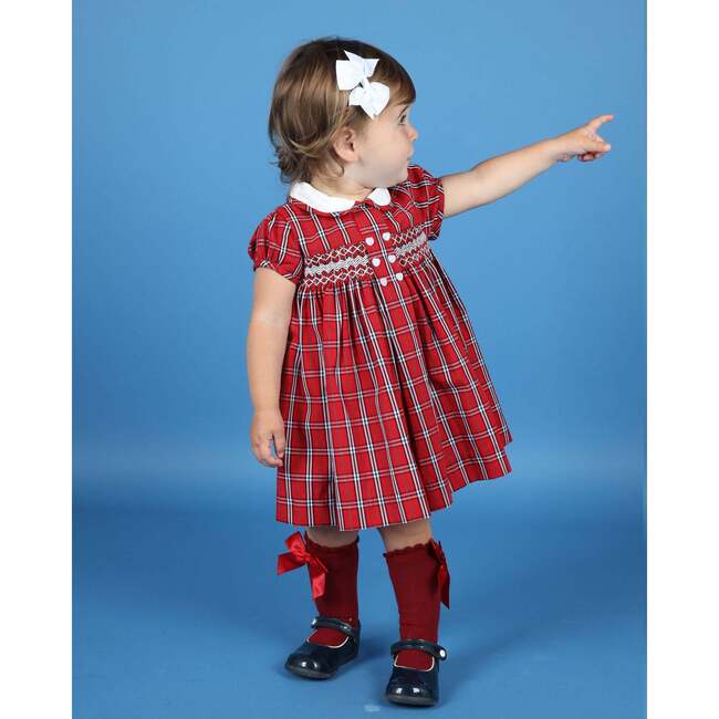 Baby Bronwyn Tartan Collar Hand-Smocked Dress, Red & White - Dresses - 2