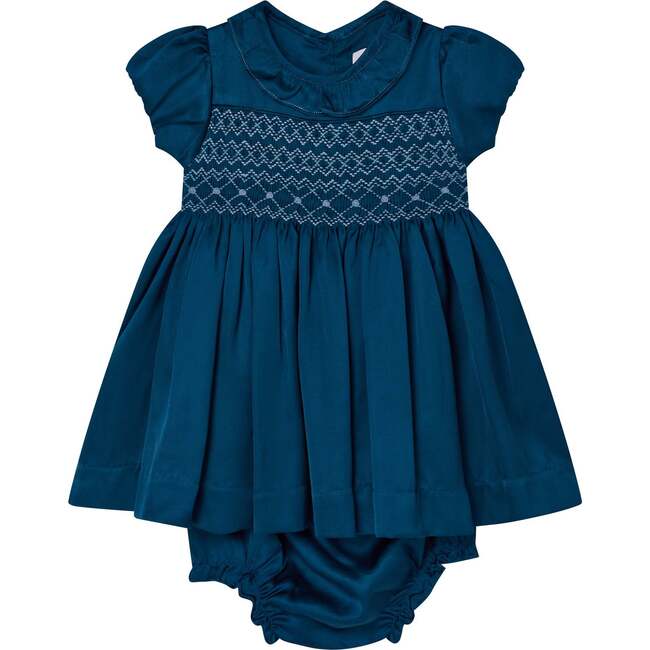 Baby Azura Satin Hand-Smocked Party Dress, Blue