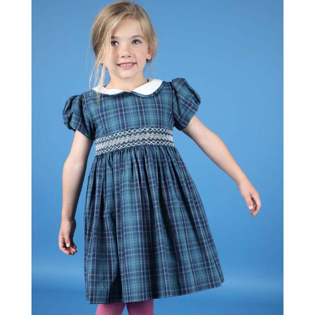 Ginny Tartan Peter Pan Collar Hand-Smocked Dress, Navy - Dresses - 5