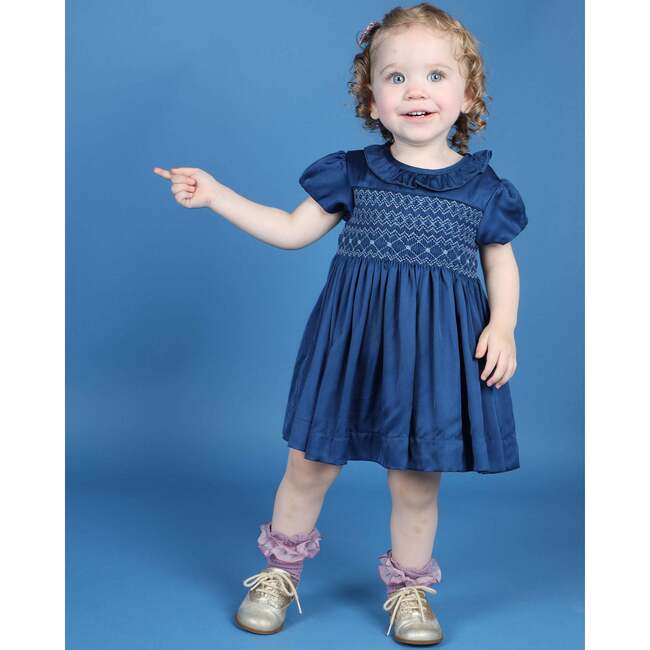 Baby Azura Satin Hand-Smocked Party Dress, Blue - Dresses - 2