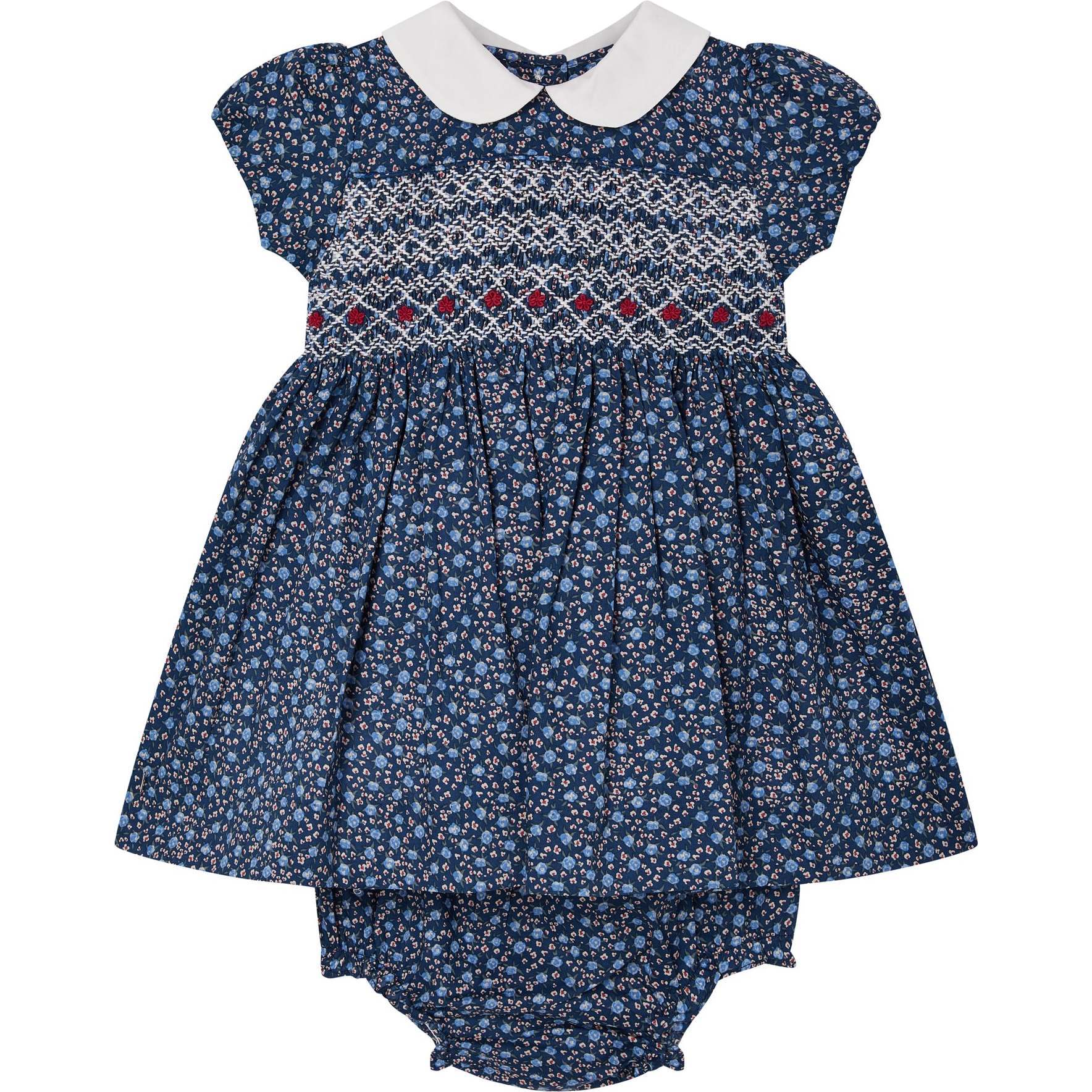 Baby Aubrey Floral Print Hand-Smocked Dress, Navy - Dresses - 1