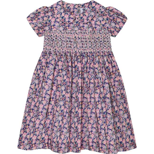 Ayla Floral Print Hand-Smocked Dress, Pink & Navy