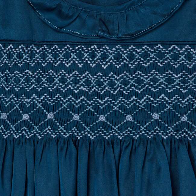 Baby Azura Satin Hand-Smocked Party Dress, Blue - Dresses - 3