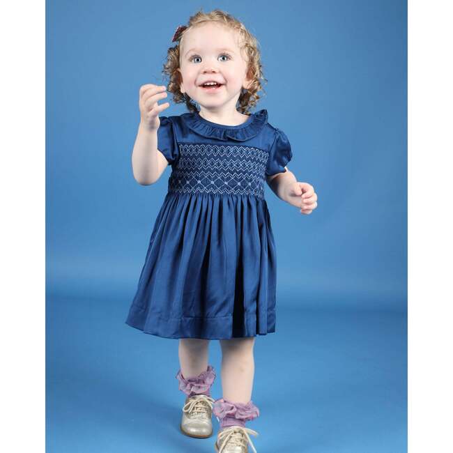 Baby Azura Satin Hand-Smocked Party Dress, Blue - Dresses - 5