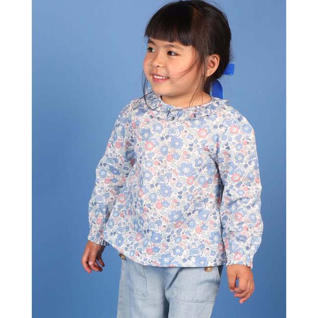 Althea Floral Print Frill Collar Long Sleeve Blouse, Blue - Blouses - 2