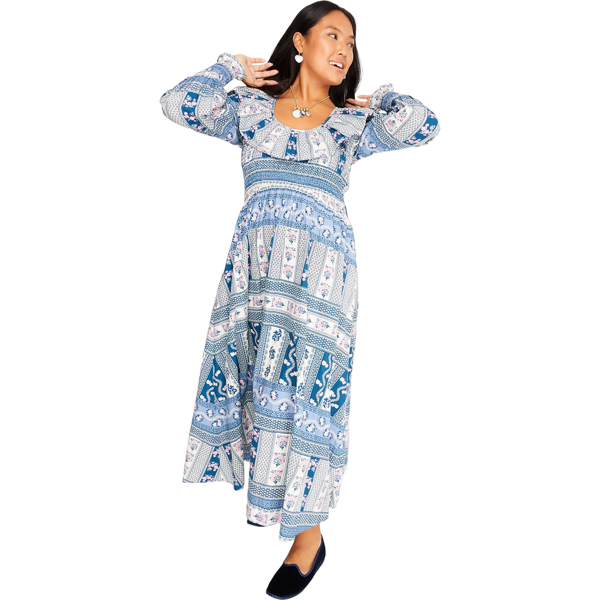 Women's Clementina Vintage Floral Scoop Neck Smocked Bodice Dress, Blue - Dresses - 1