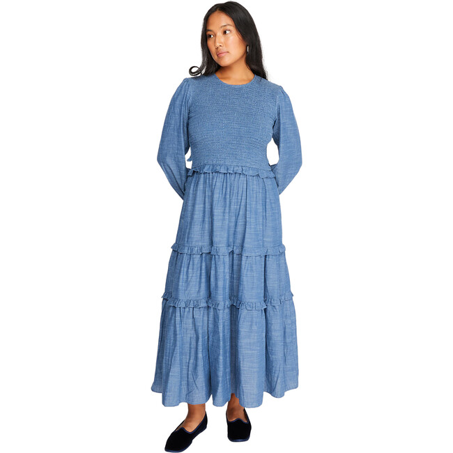 Women's Nell Chambray Long Puff Sleeve Smocked Bodice Pocket Dress, Blue