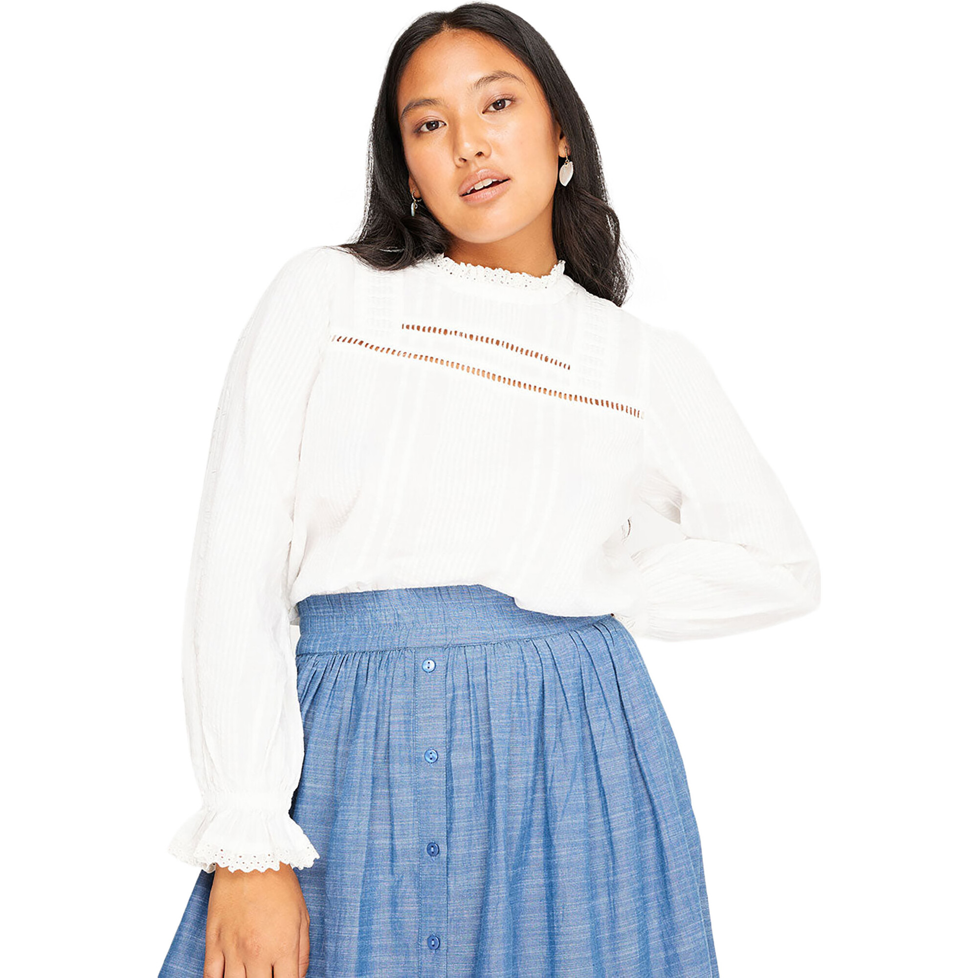 Women's Ruby Seersucker Pintuck Neck Ladder Lace Insert Broderie Trim Blouse, White - Blouses - 1